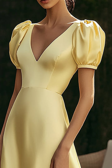 Yellow Satin A Line V-Neck Formal Dress with Puff Sleeves